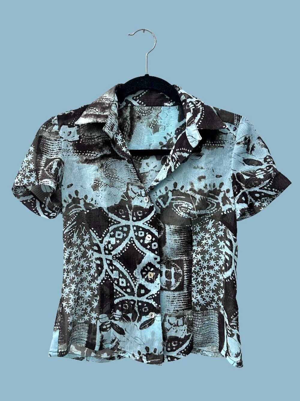 Y2K Sheer Abstract Print Button Up Blouse Blue Brown Flowy